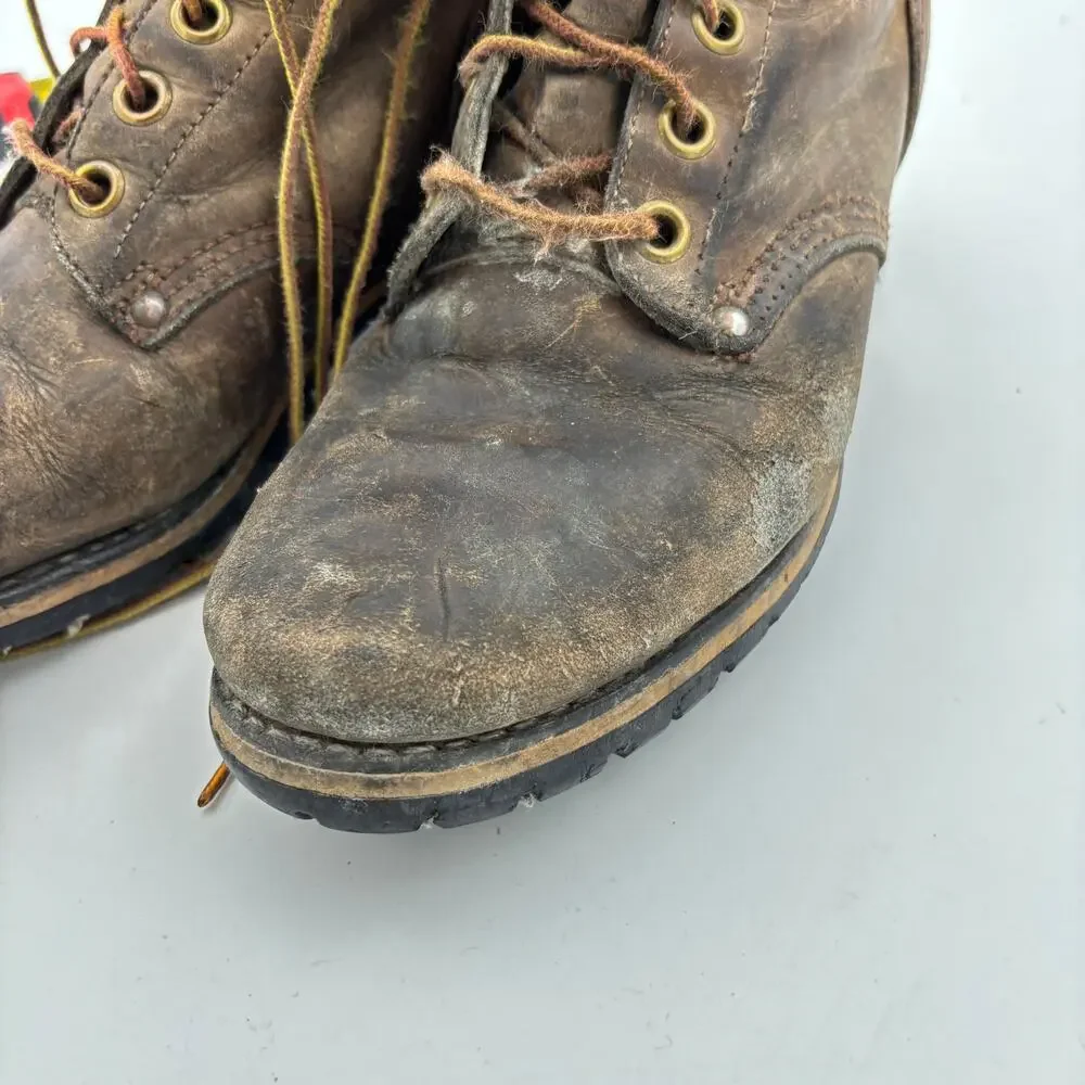 Vintage USA Leather Logger Work Boots Brown Stitchdown Goodyear Lug Sole 8.5
